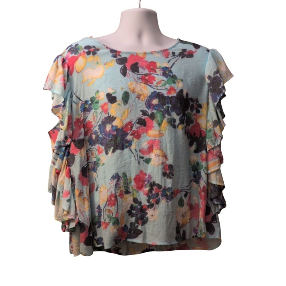 NWT Zac & Rachel women's aqua floral watercolor top flutter sleeves size 1X - Picture 7 of 7